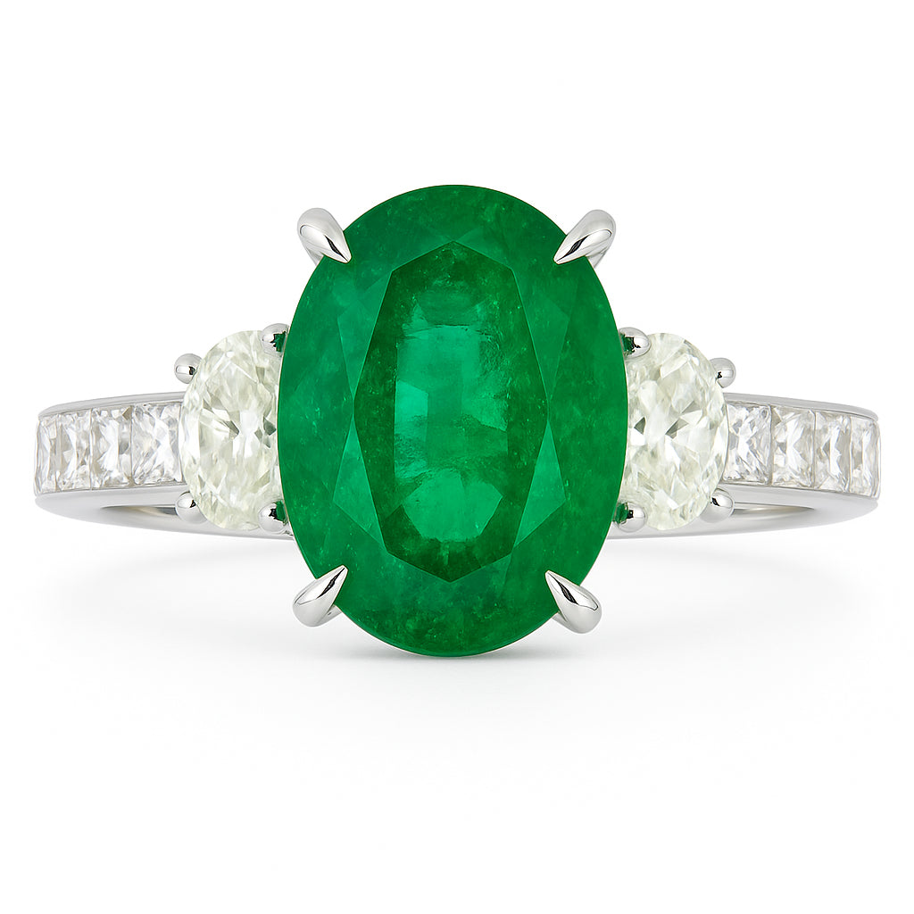 Handmade 18K White Gold Emerald 3 Stone Ring, 3.13ct