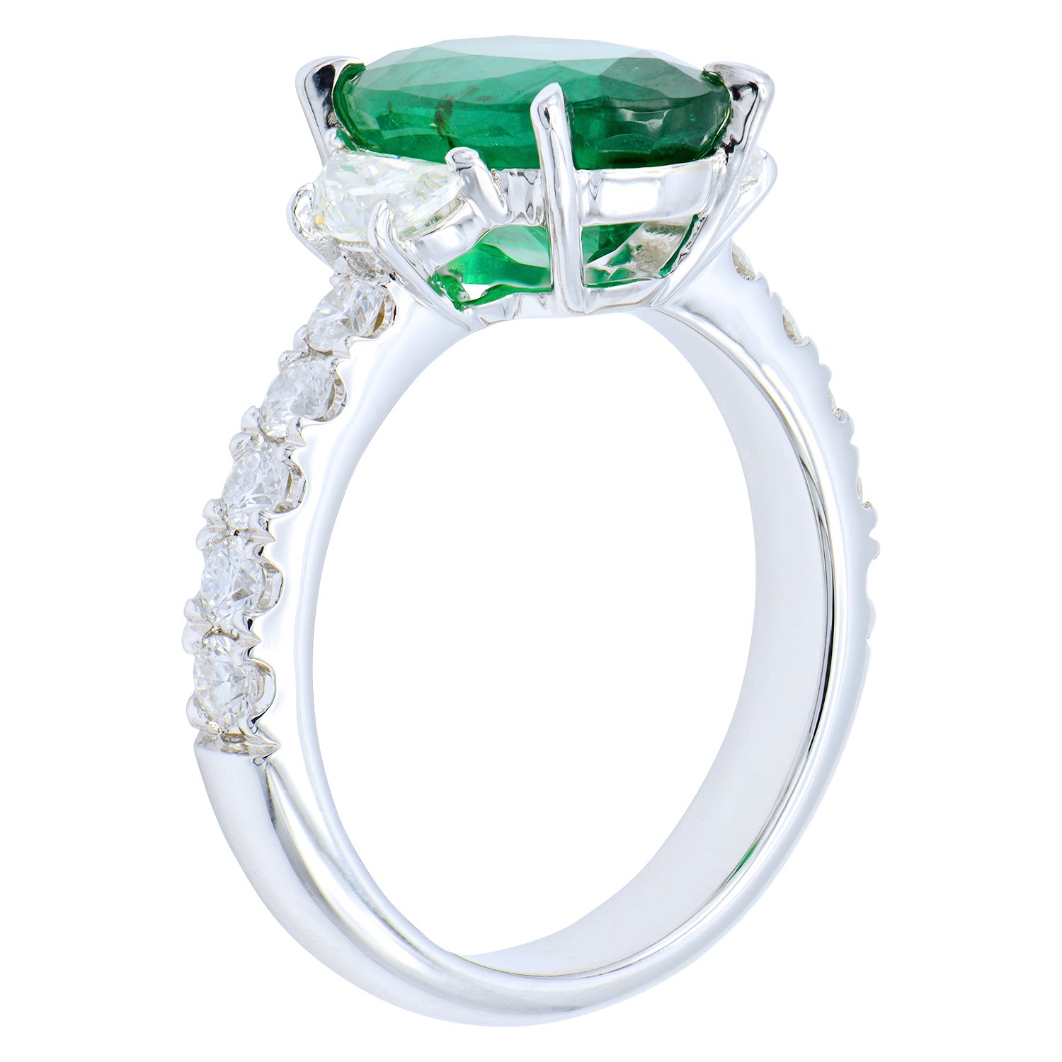 Handmade 18K White Gold Emerald 3 Stone Ring, 3.13ct