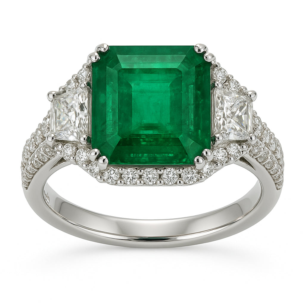 ER054721 - Ring 18KW/4.8G 1EMER-2.17CT 2TRAP-0.53CT 64RD-0.60CT