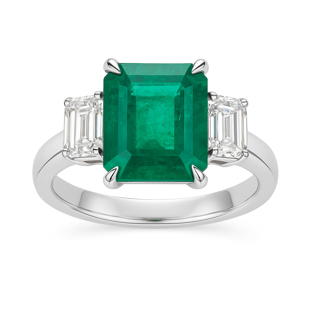 ER056245 - Ring 18KW/4.0G 1EMER-2.68CT 2EC-1.00CT