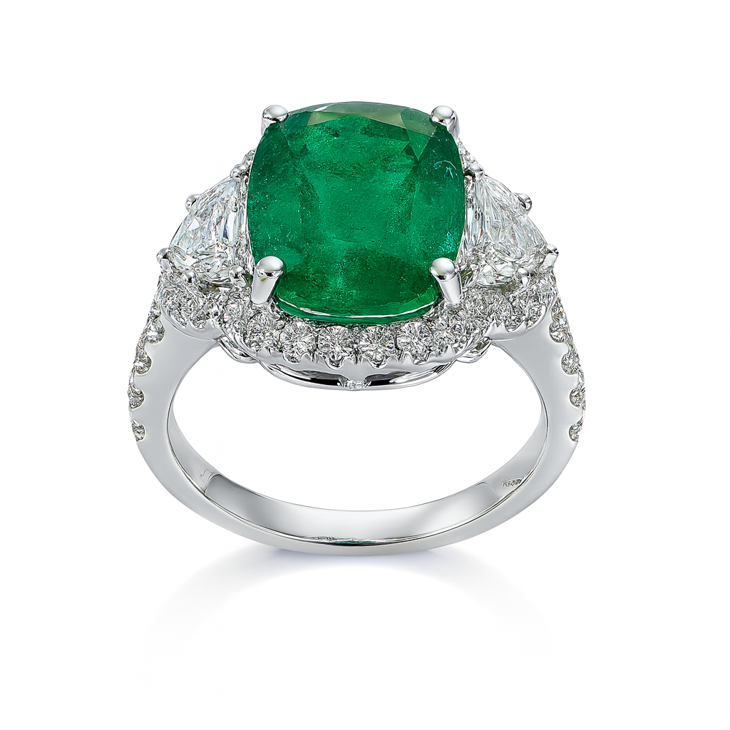 Handmade 18K White Gold Green Emerald Ring, 3.95ct