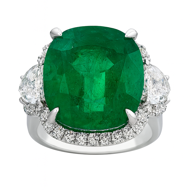 Handmade 18K White Gold Green Emerald Ring, 8.53ct