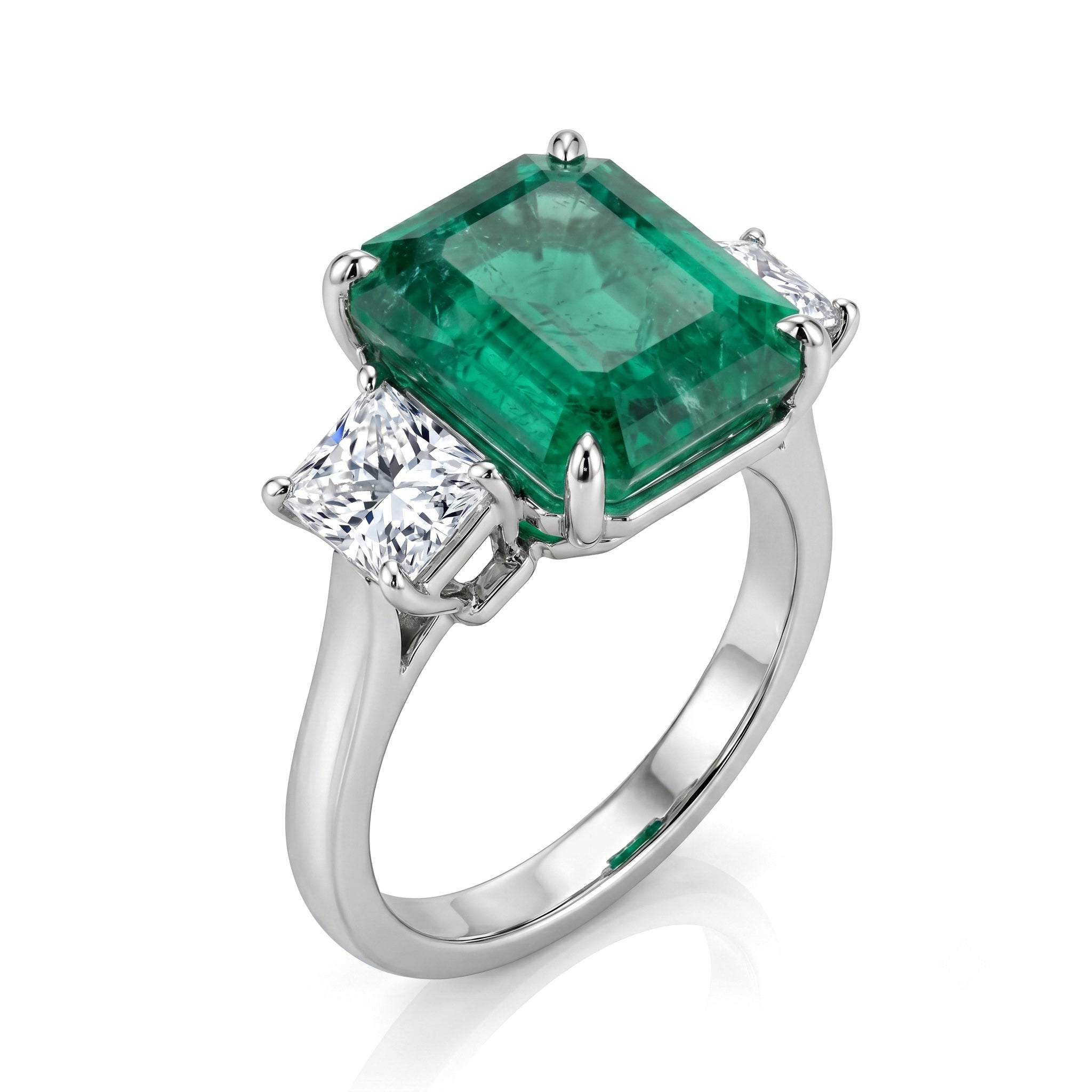 Handmade Platinum Emerald 3 Stone Ring, 7.25ct