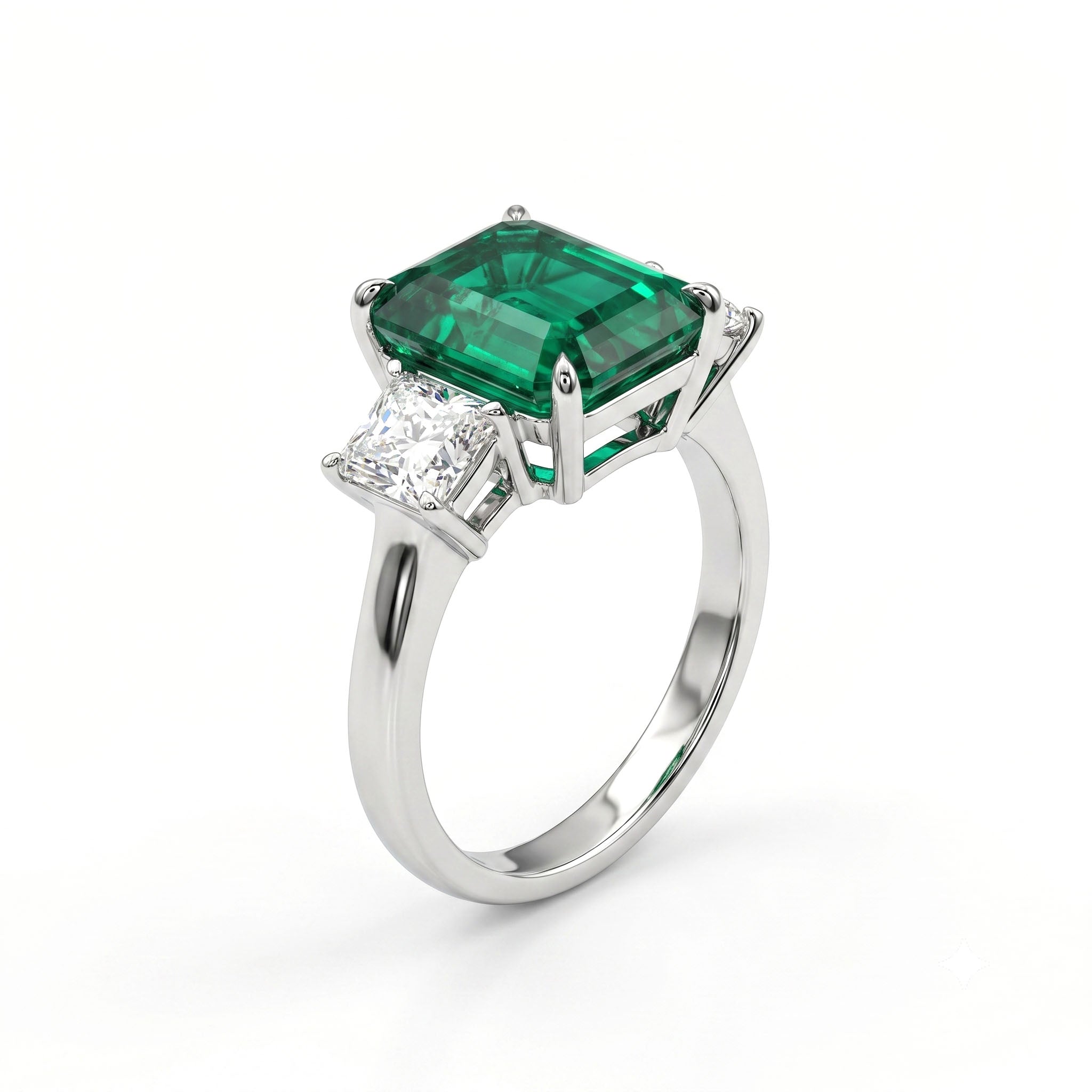 Handmade Platinum Green Emerald 3 Stone Ring, 4.54ct