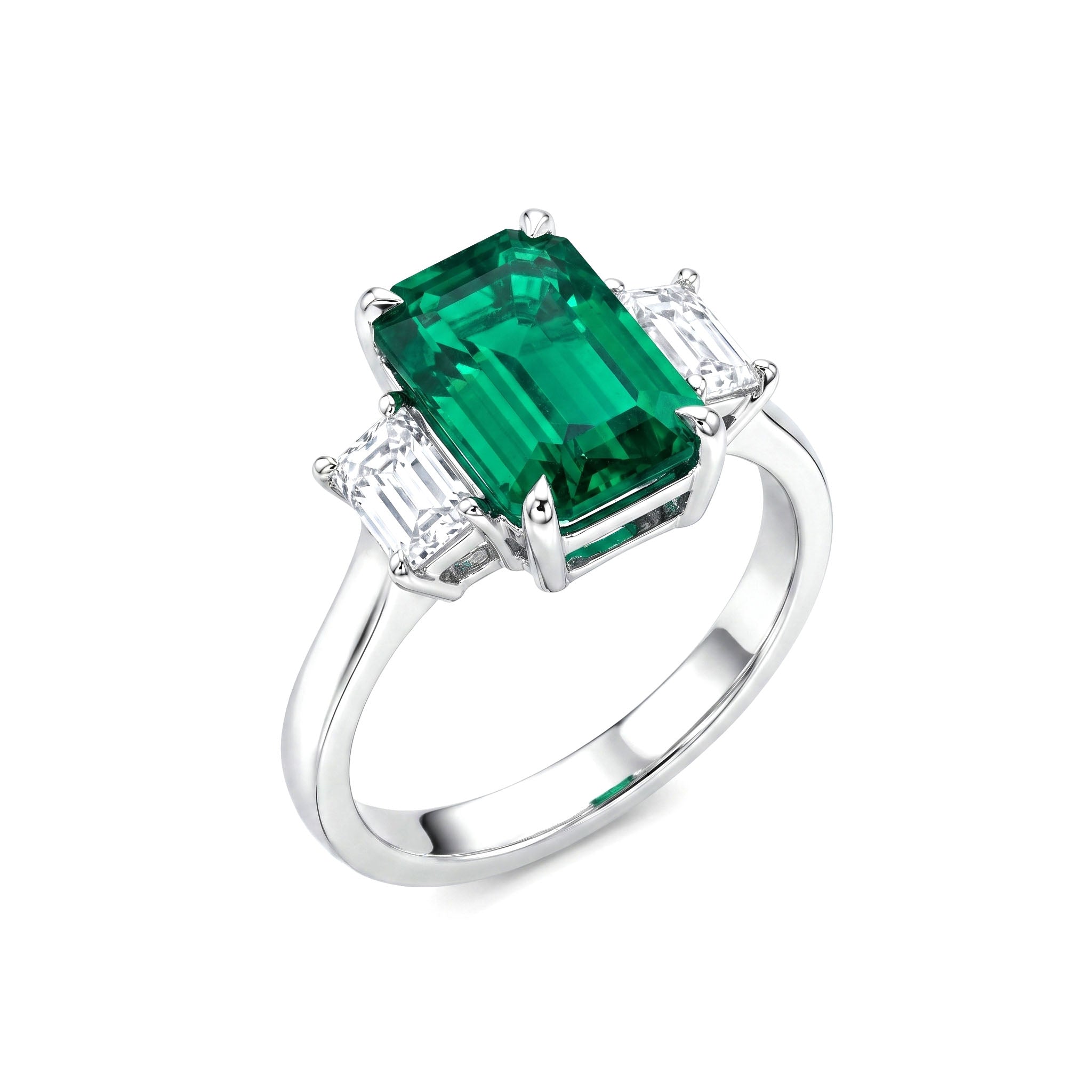 Handmade Platinum Green Emerald 3 Stone Ring, 3.90ct