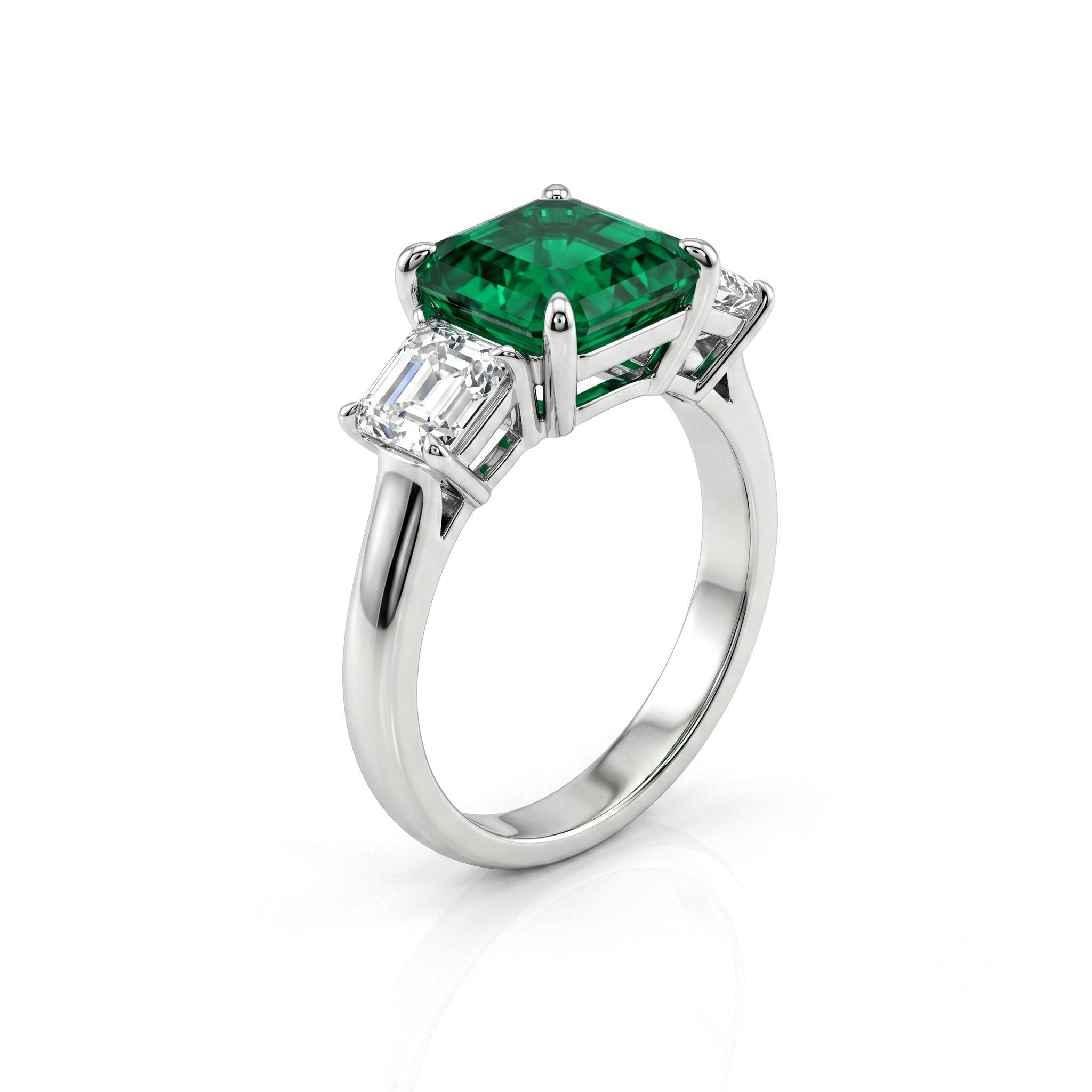 Handmade Platinum Emerald Diamond 3 Stone Ring, 3.57ct