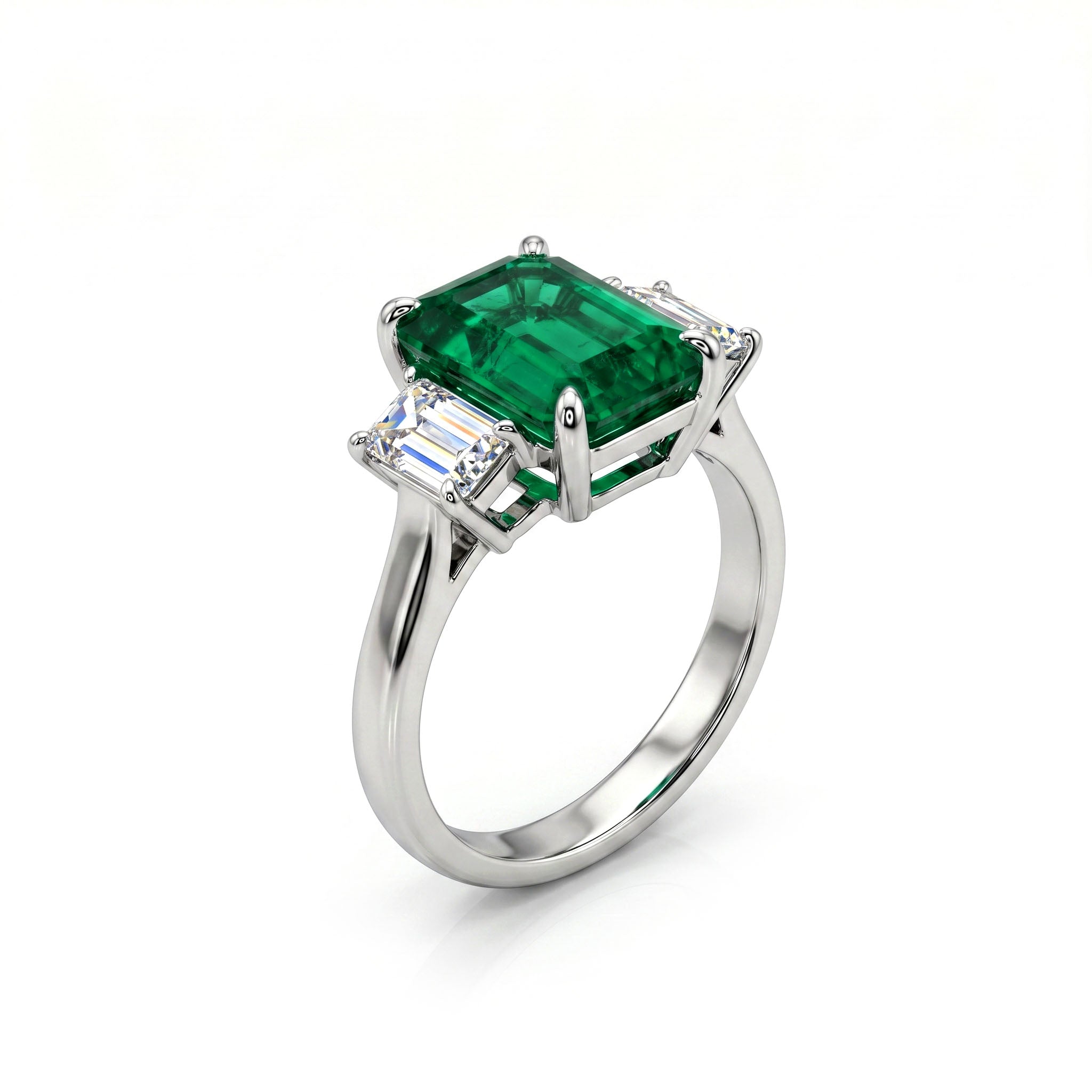 Handmade Platinum Green Emerald Ring 3 Stone, 2.72ct