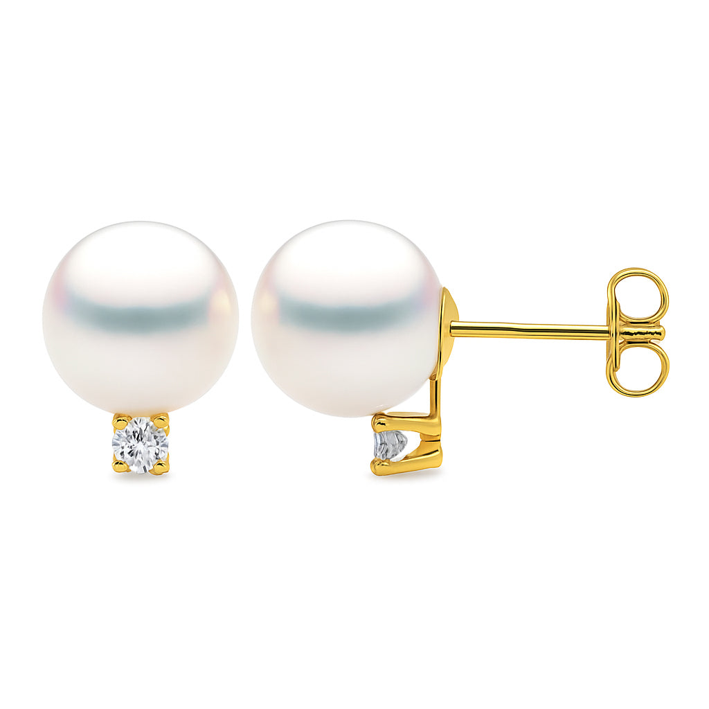 14K Yellow Gold Akoya Pearl Earrings, 7-7.50mm, 0.09ct