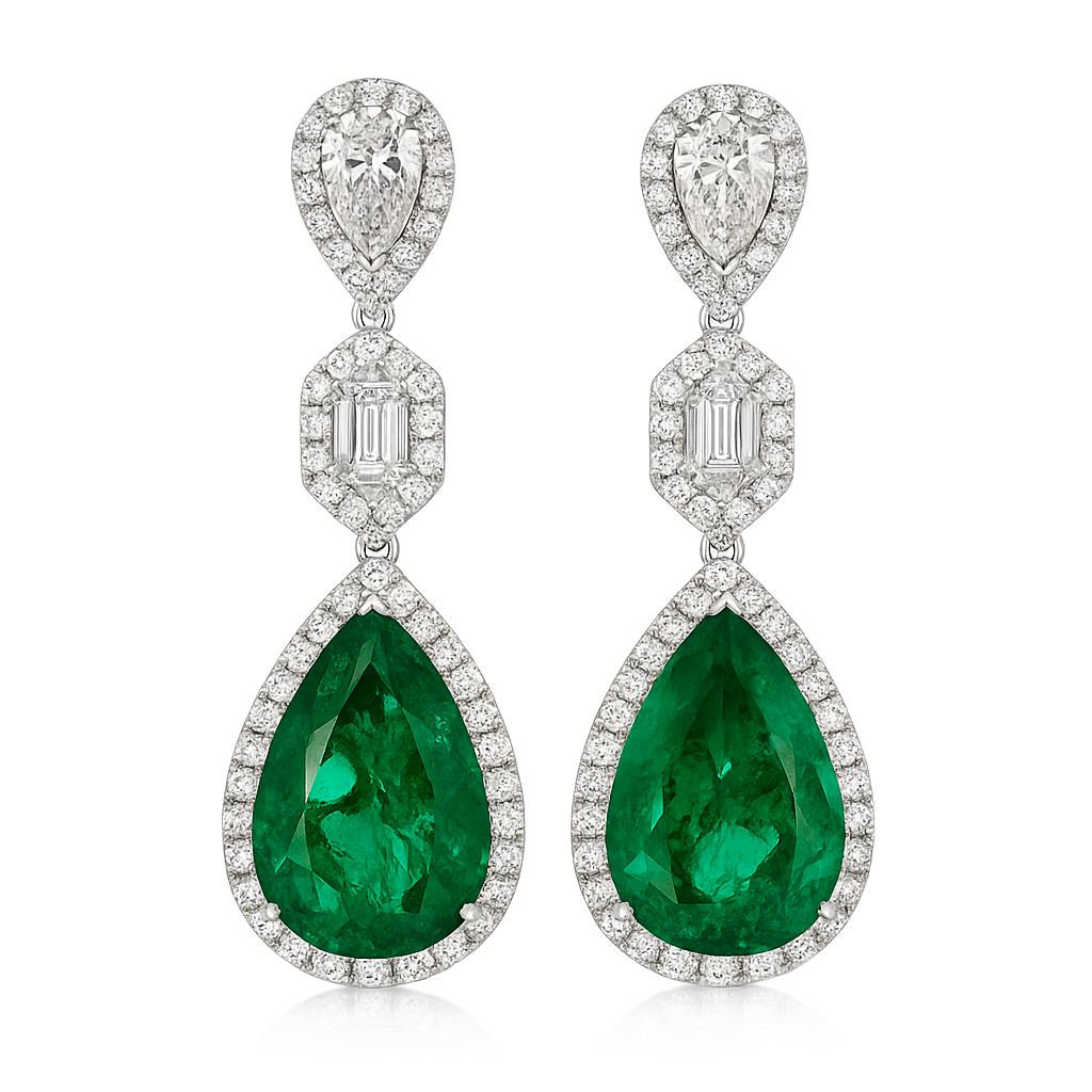 Handmade 18K White Gold Green Emerald Earrings, 16.99ct