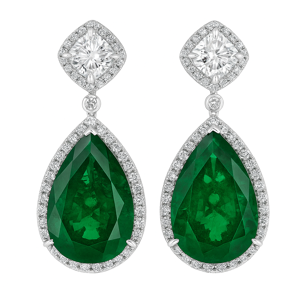 Handmade 18K White Gold Green Emerald Earrings, 13.71ct