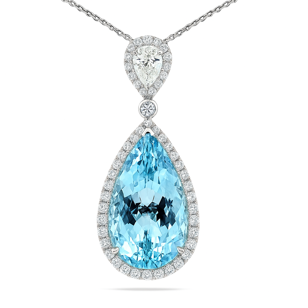 Handmade 18K White Gold Aquamarine Pendant, 13.69ct