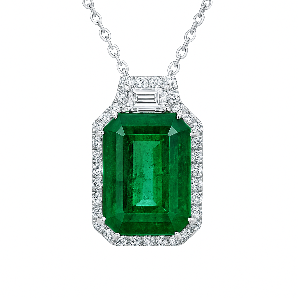 Handmade 18K White Gold Green Emerald Pendant, 9.72ct