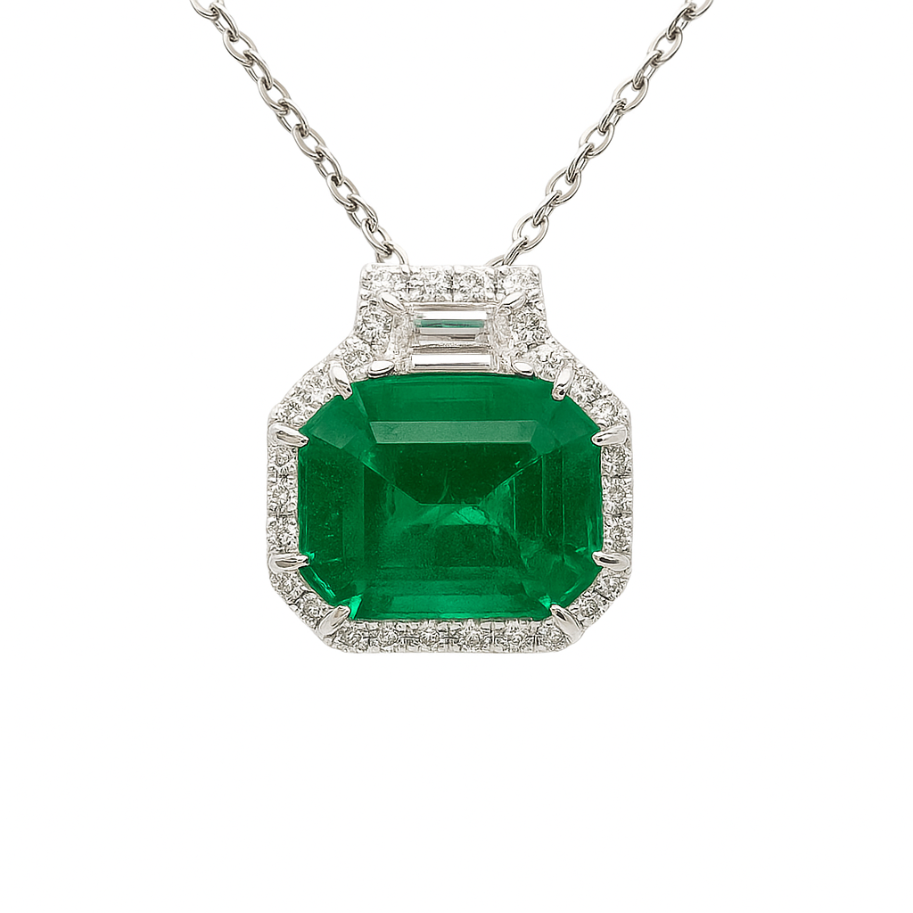 Handmade 18K White Gold Green Emerald Pendant, 5.29ct