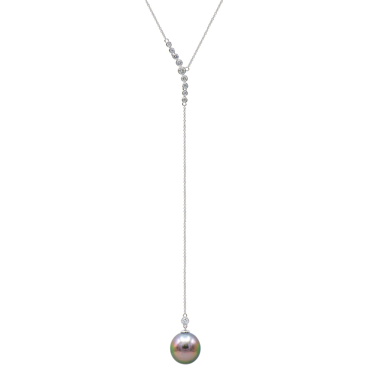 N015230-T - 18KW/0.9G Tahitian Necklace 2RD-0.20CT 8RD-0.31CT 13-14mm
