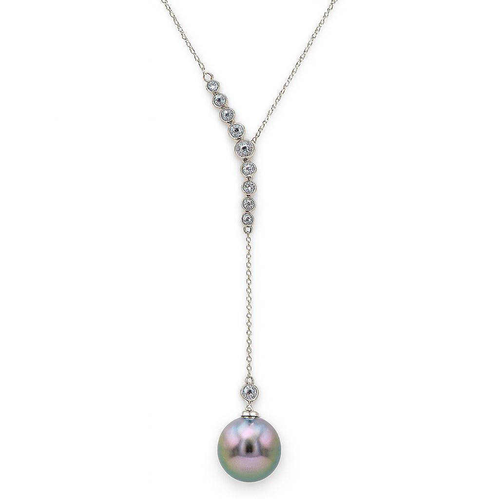 18K White Gold Tahitian Necklace, 13-14mm, 0.51ct