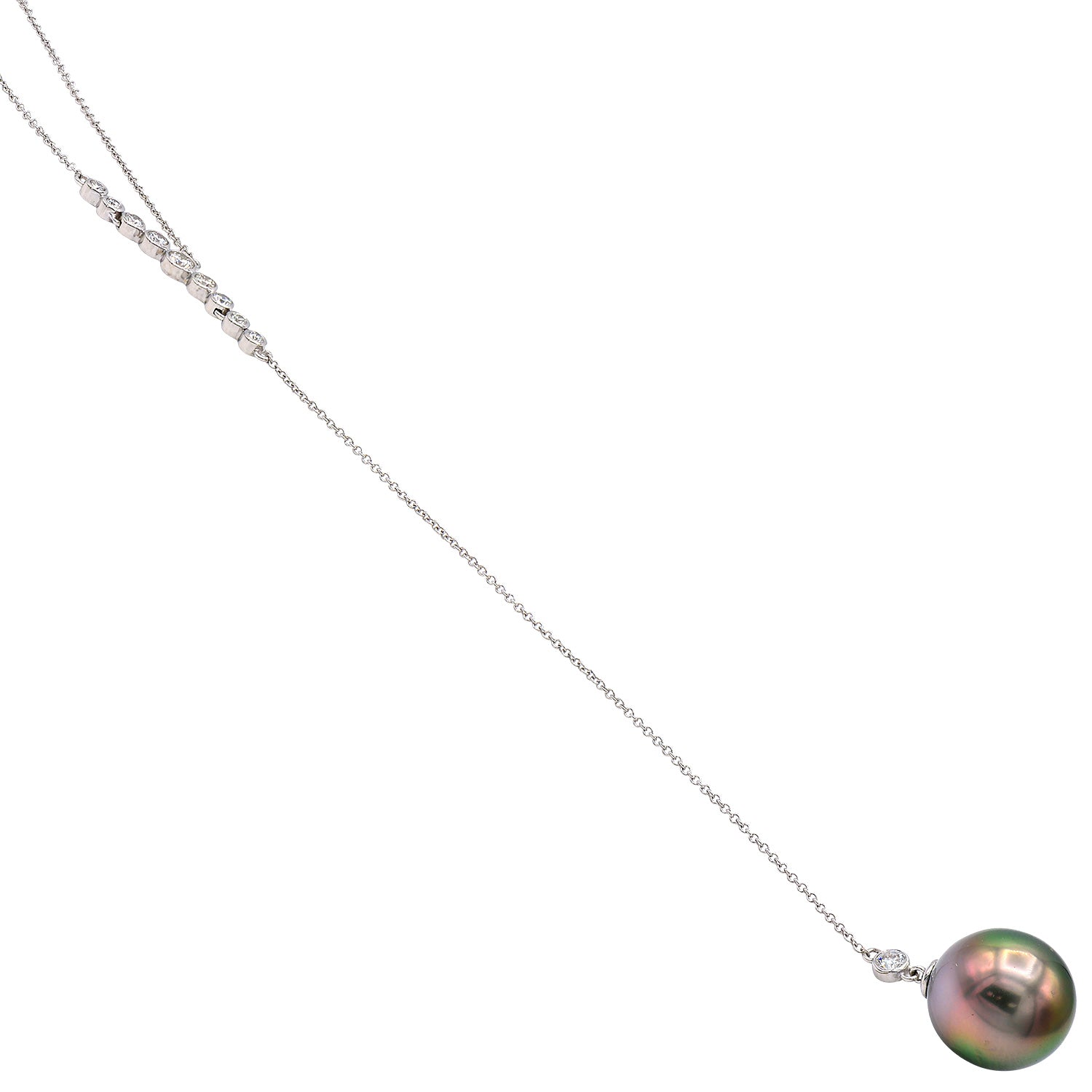 N015230-T - 18KW/0.9G Tahitian Necklace 2RD-0.20CT 8RD-0.31CT 13-14mm