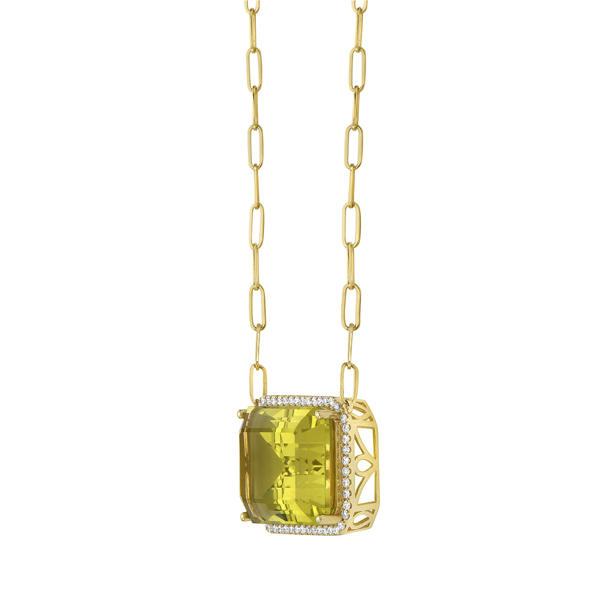 14K Yellow Gold Green Quartz Necklace, 22.17ct