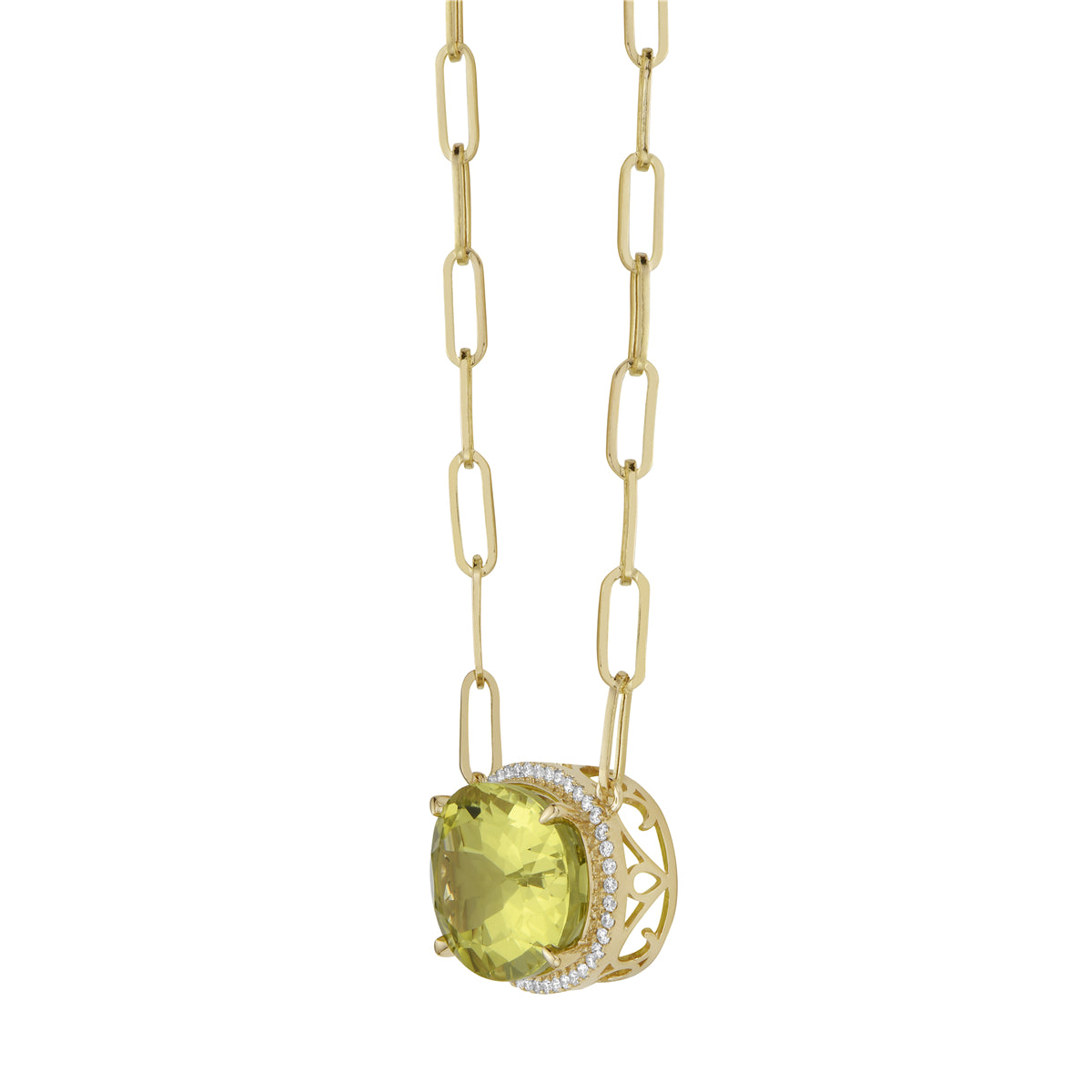 14K Yellow Gold Green Quartz Necklace, 17.66ct