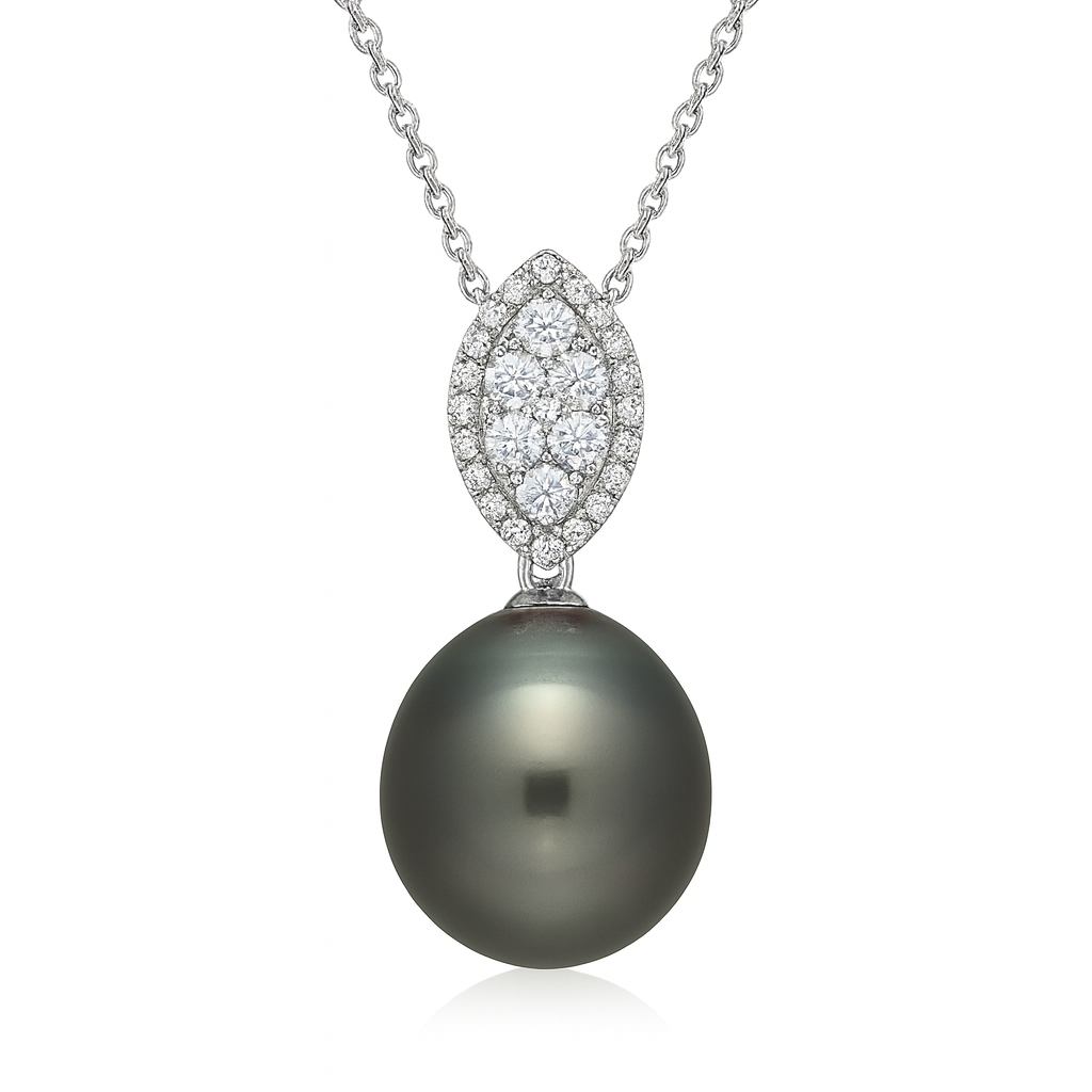 18K White Gold Tahitian Pearl Pendant, 12-13mm, 0.37ct
