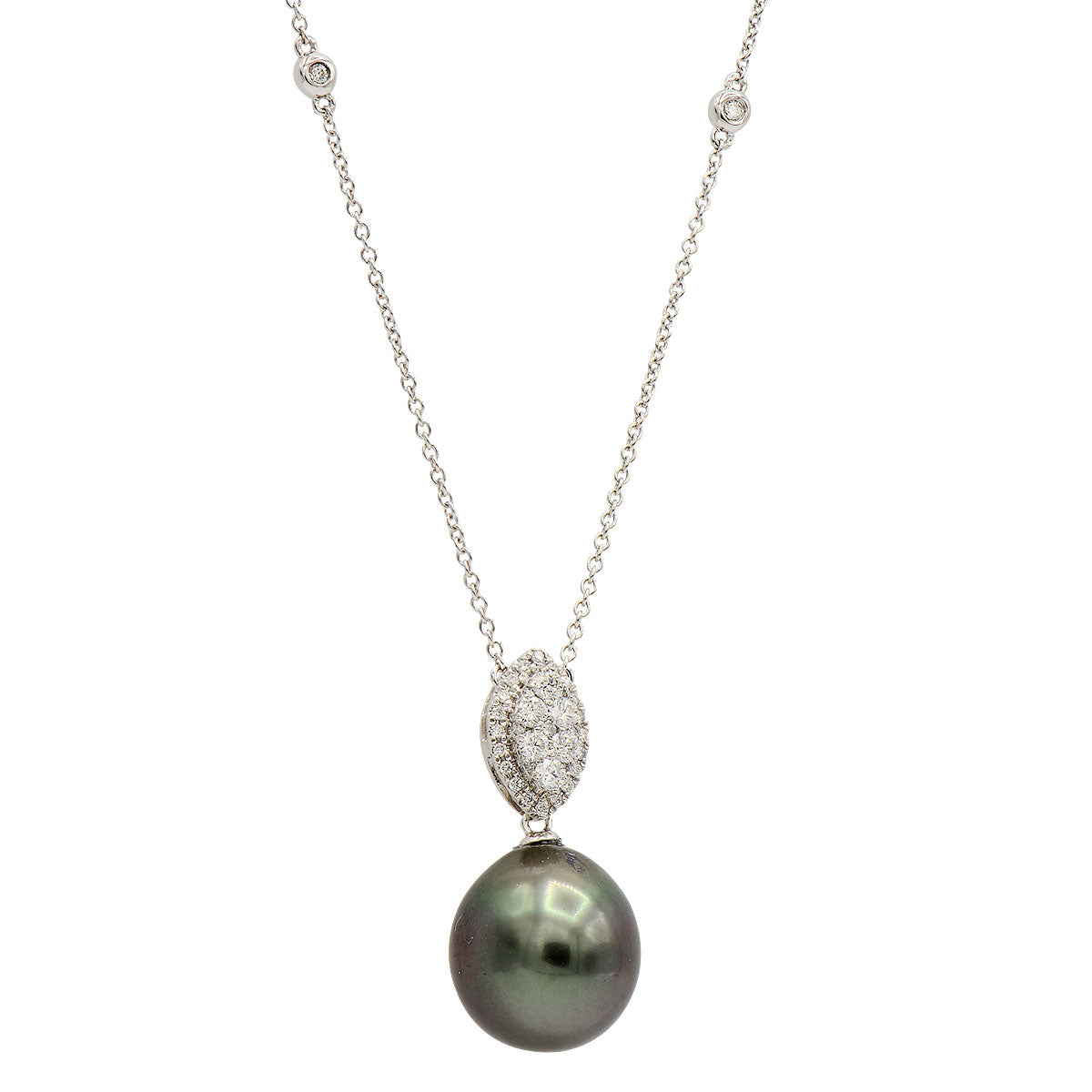 18K White Gold Tahitian Pearl Pendant, 12-13mm, 0.37ct