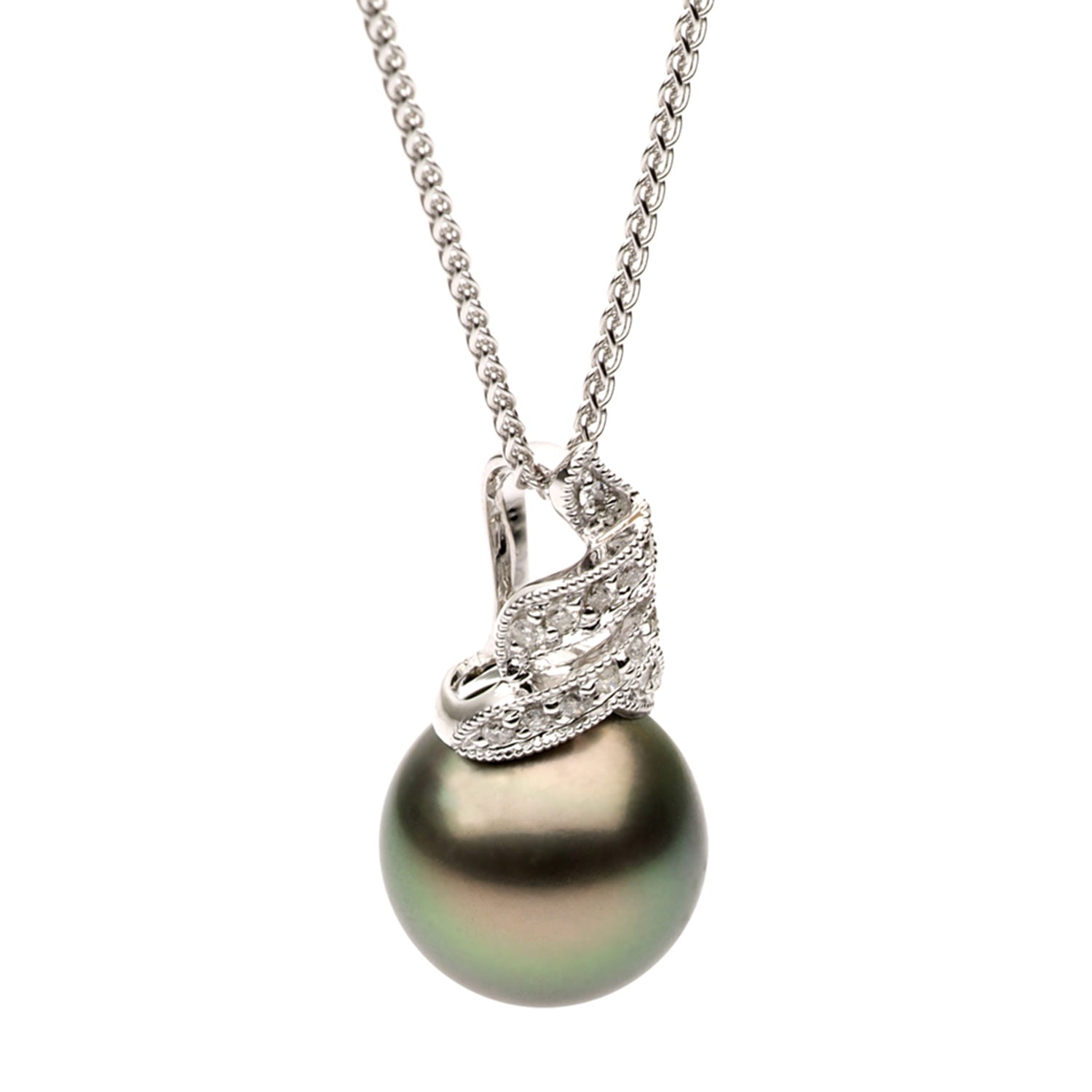14K White Gold Tahitian Pearl Pendant, 11-12mm, 0.12ct