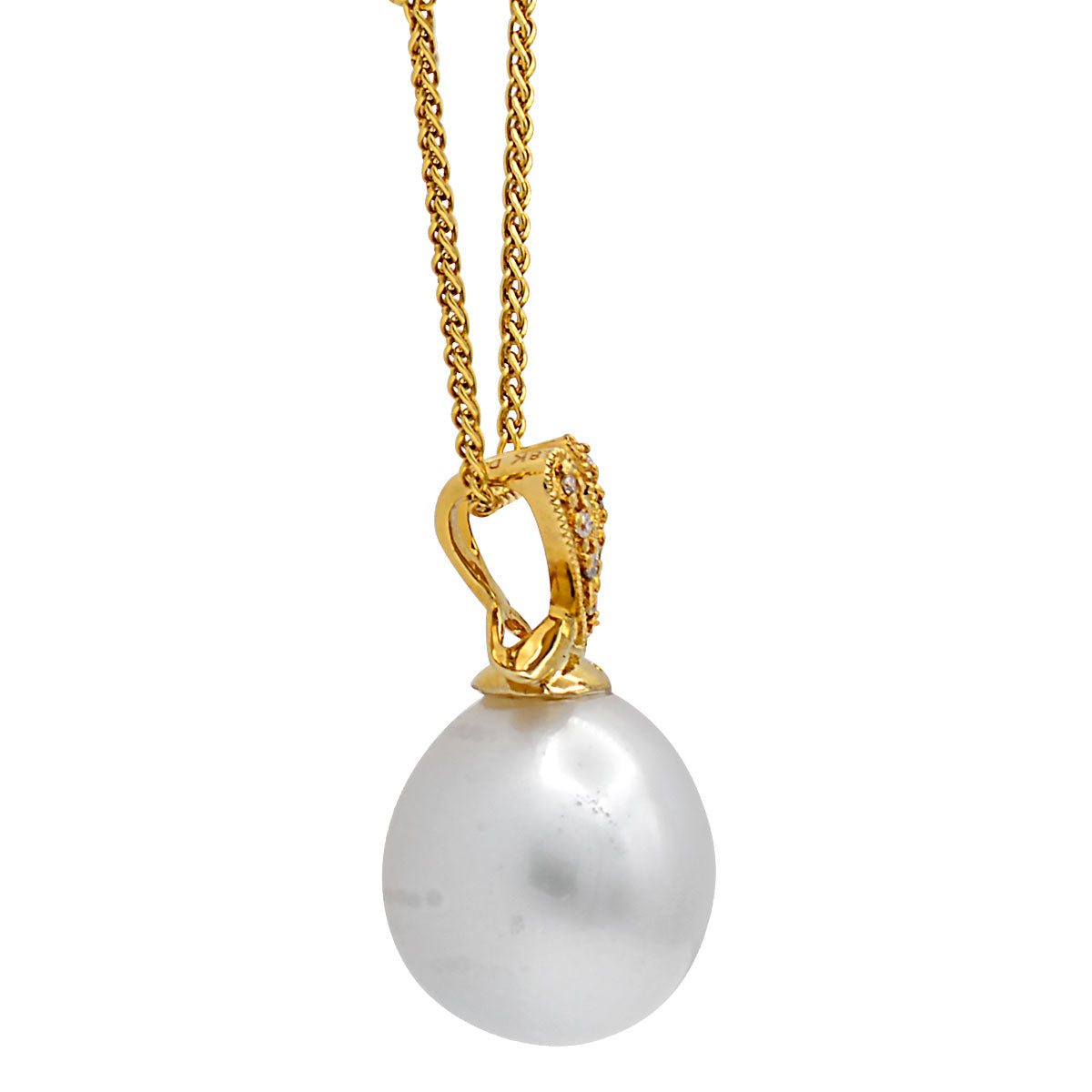 18K Yellow Gold South Sea Pearl Pendant, 11-12mm, 0.08ct