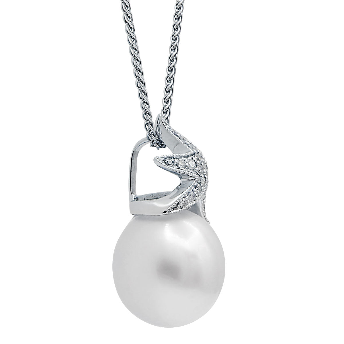 14K White Gold South Sea Pearl Pendant, 11-12mm, 0.13ct
