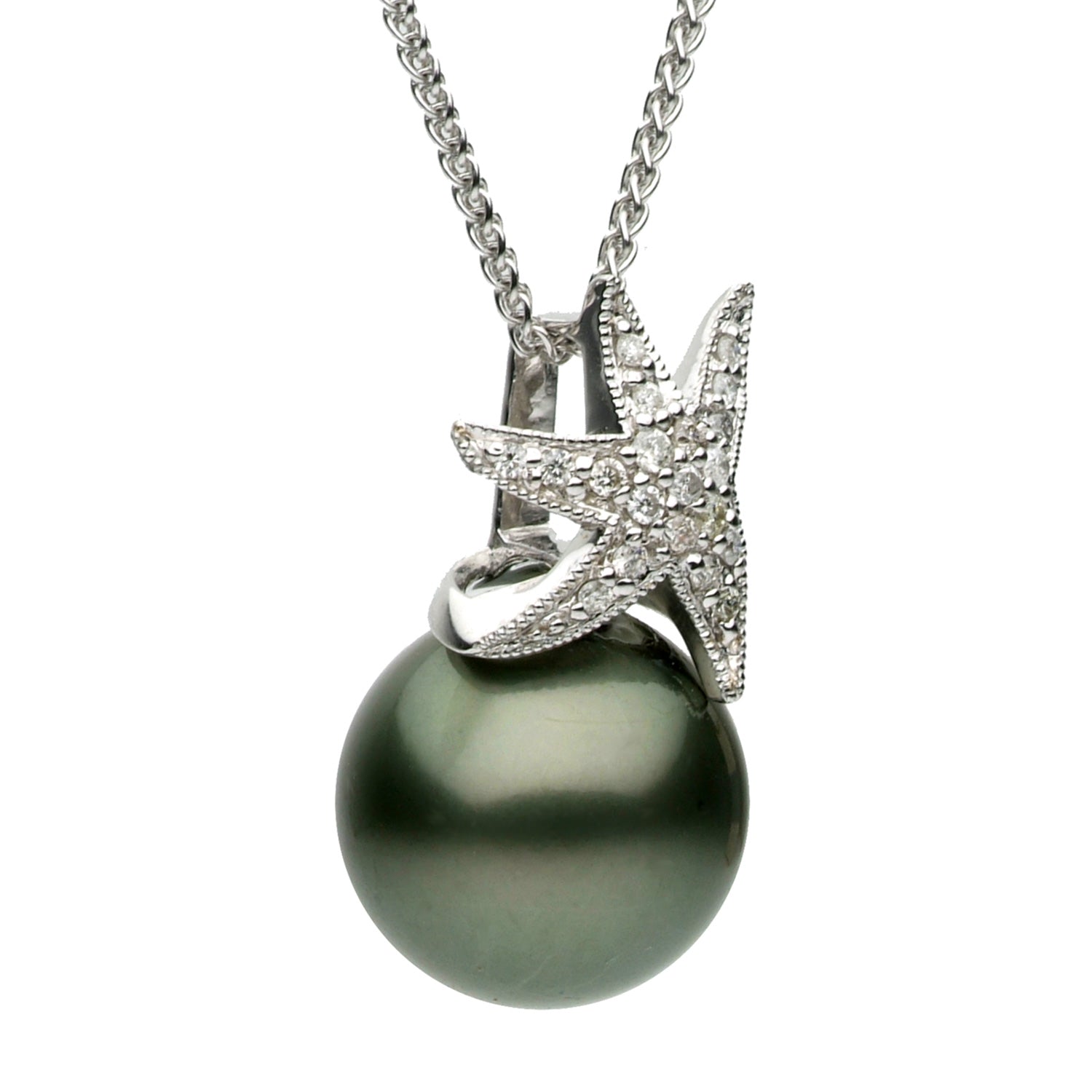 14K White Gold Tahitian Pearl Pendant, 11.00-12.00mm, 0.13ct