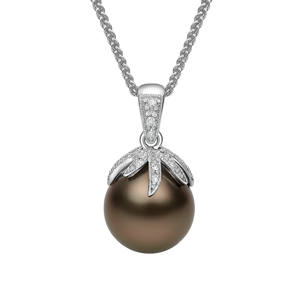 14K White Gold Tahitian Pearl Pendant, 11-12mm, 0.18ct