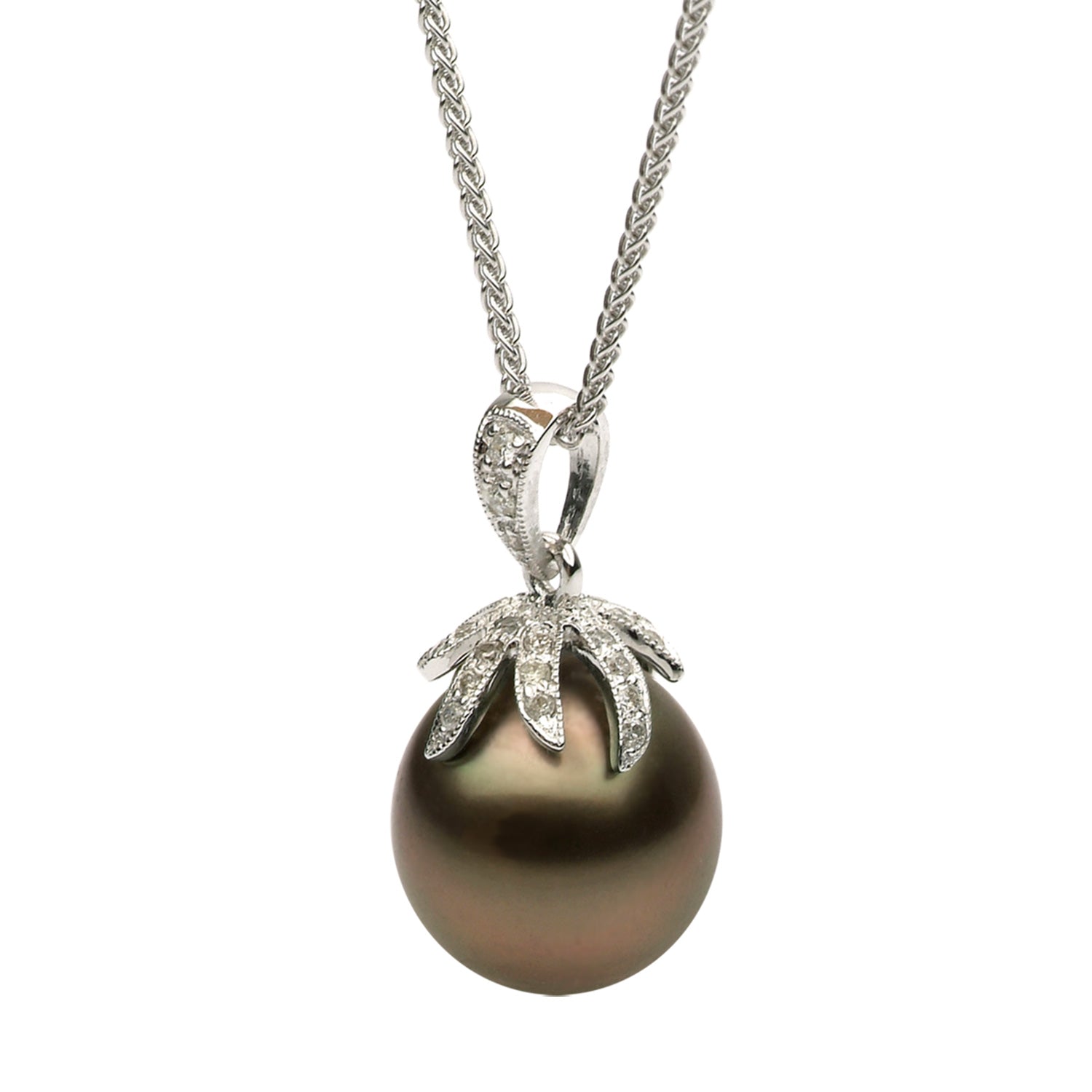14K White Gold Tahitian Pearl Pendant, 11-12mm, 0.18ct