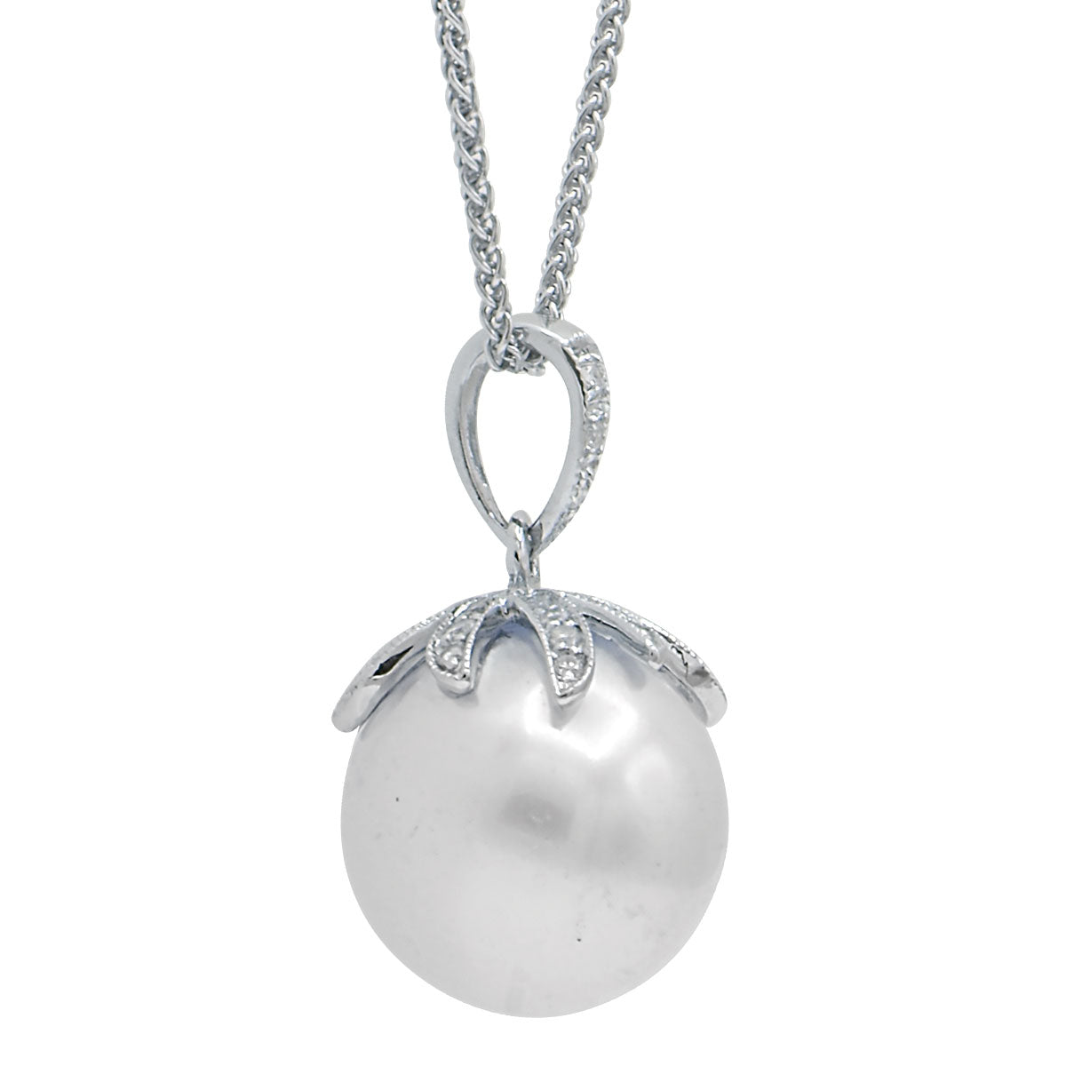 14K White Gold South Sea Pearl Pendant, 11-12mm, 0.15ct