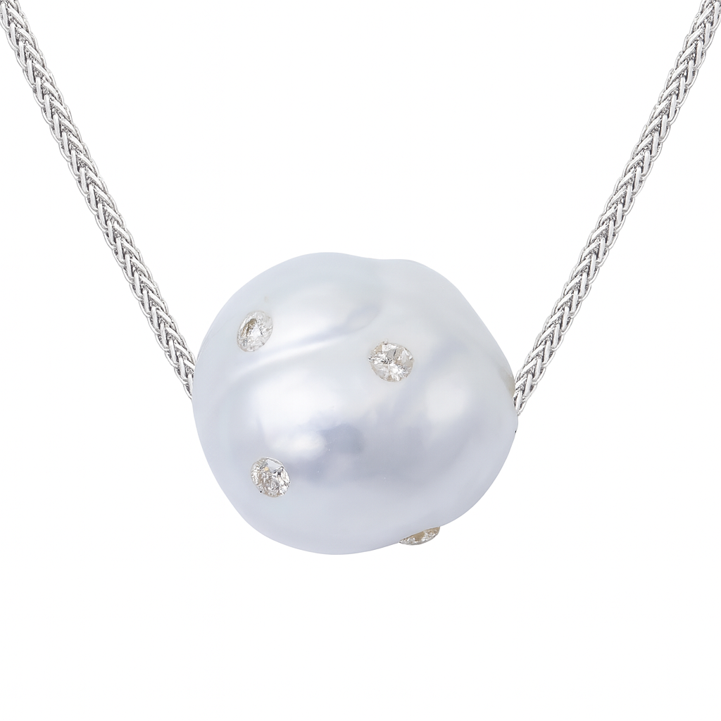 18K White Gold South Sea Pearl Pendant, 12-13mm, 0.22ct