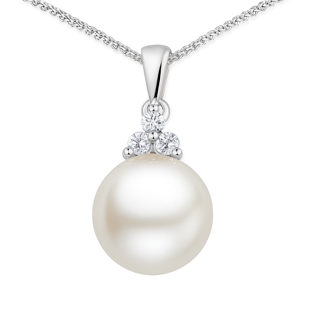 14K White Gold Freshwater Pearl Pendant, 9.50-10mm, 0.07ct