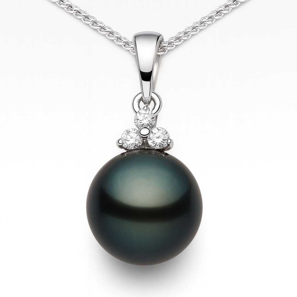 14K White Gold Tahitian Pearl Pendant, 9.50-10mm, 0.07ct