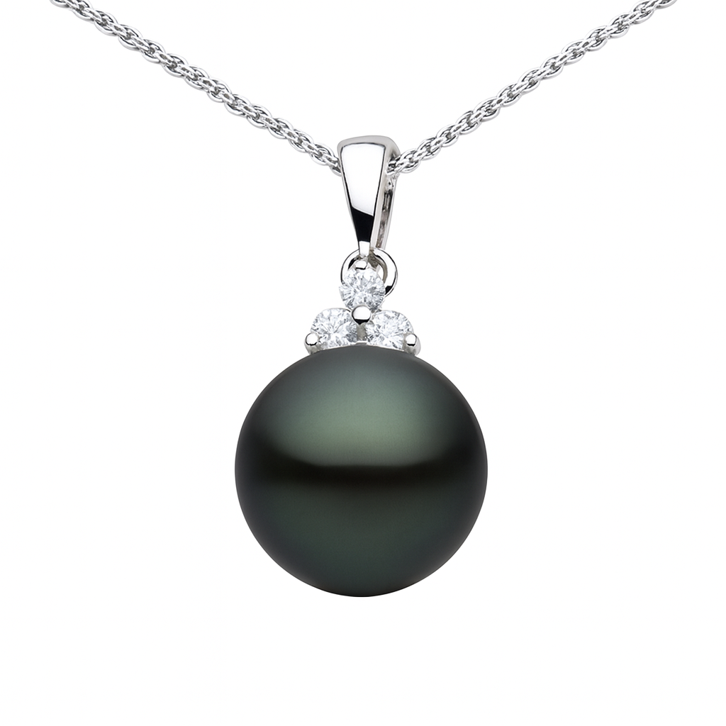 14K White Gold Tahitian Pearl Pendant, 8.50-9mm, 0.06ct