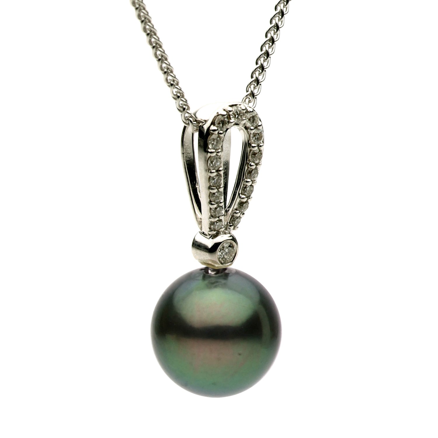 14K White Gold Tahitian Pearl Pendant, 9-10mm, 0.14ct
