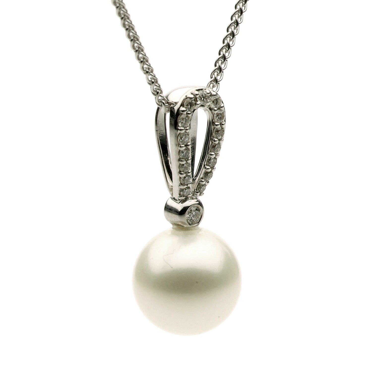 14K White Gold Freshwater Pearl Pendant, 9-9.50mm, 0.15ct