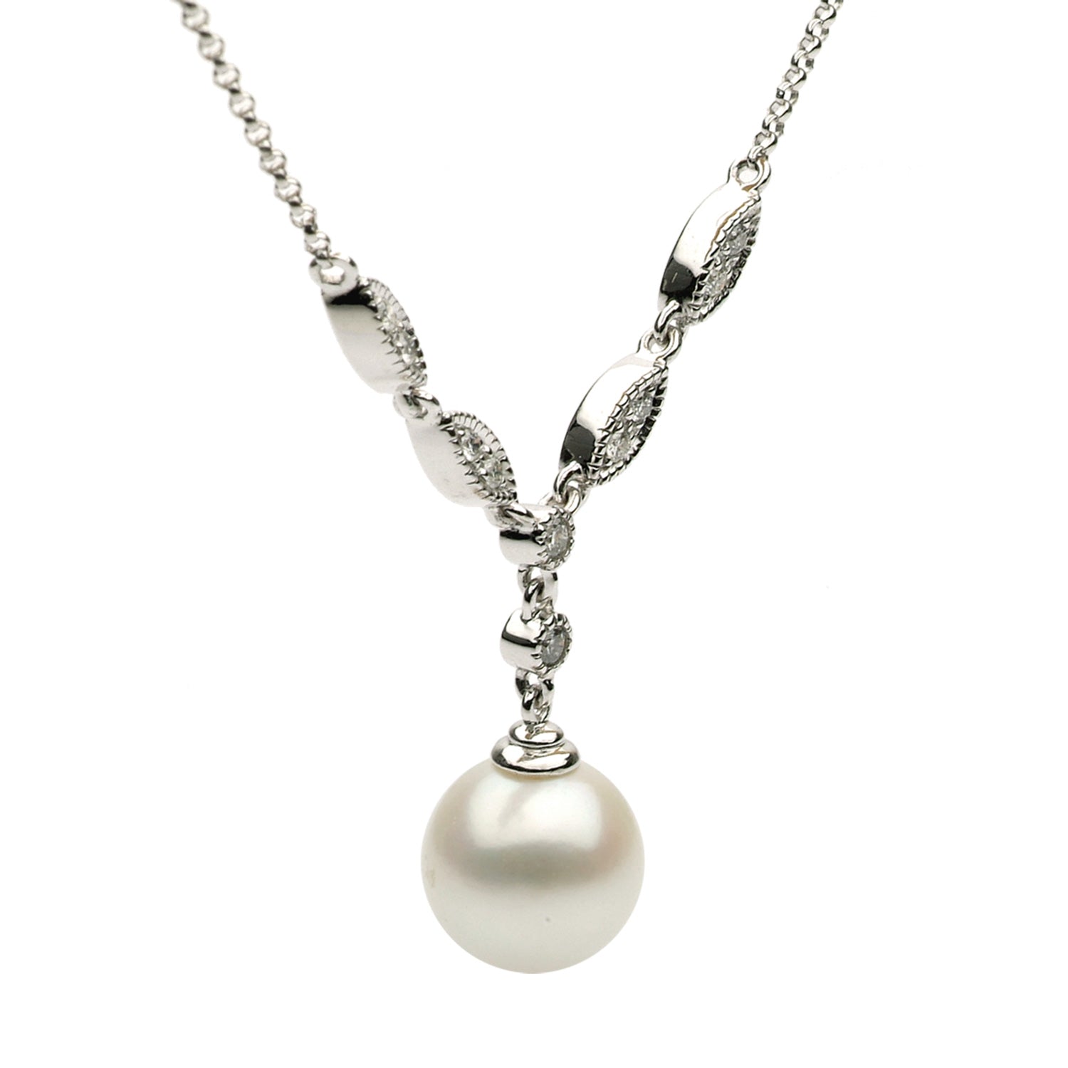 14K White Gold Freshwater Pearl Pendant, 9-10mm, 0.16ct