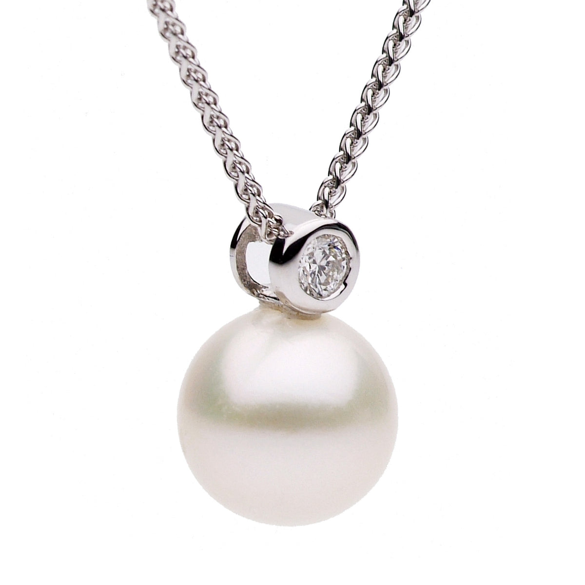 18K White Gold Freshwater Pearl and Bezel Set Diamond Pendant, 9-10mm 0.08CT