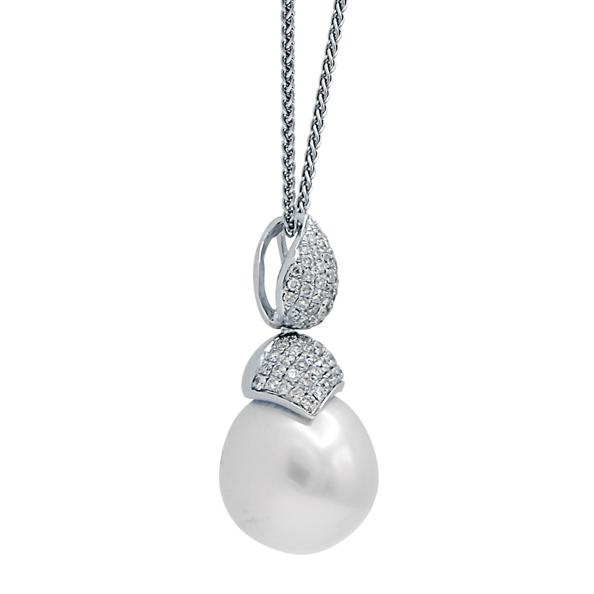 14K White Gold South Sea Pearl Pendant, 11-12mm, 0.38ct