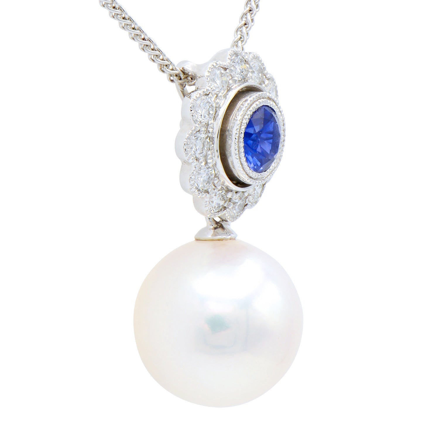 18K White Gold South Sea Pearl Pendant, 13-14mm, 0.73ct
