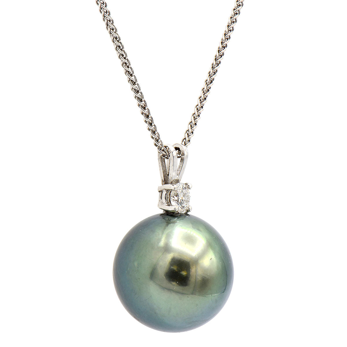 18K White Gold Tahitian Pearl Pendant, 13-14mm, 0.12ct