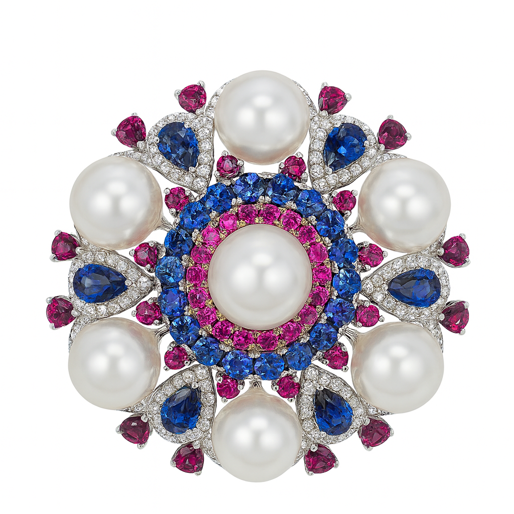 18K White Gold Blue Sapphire Brooch, 9-11mm, 11ct