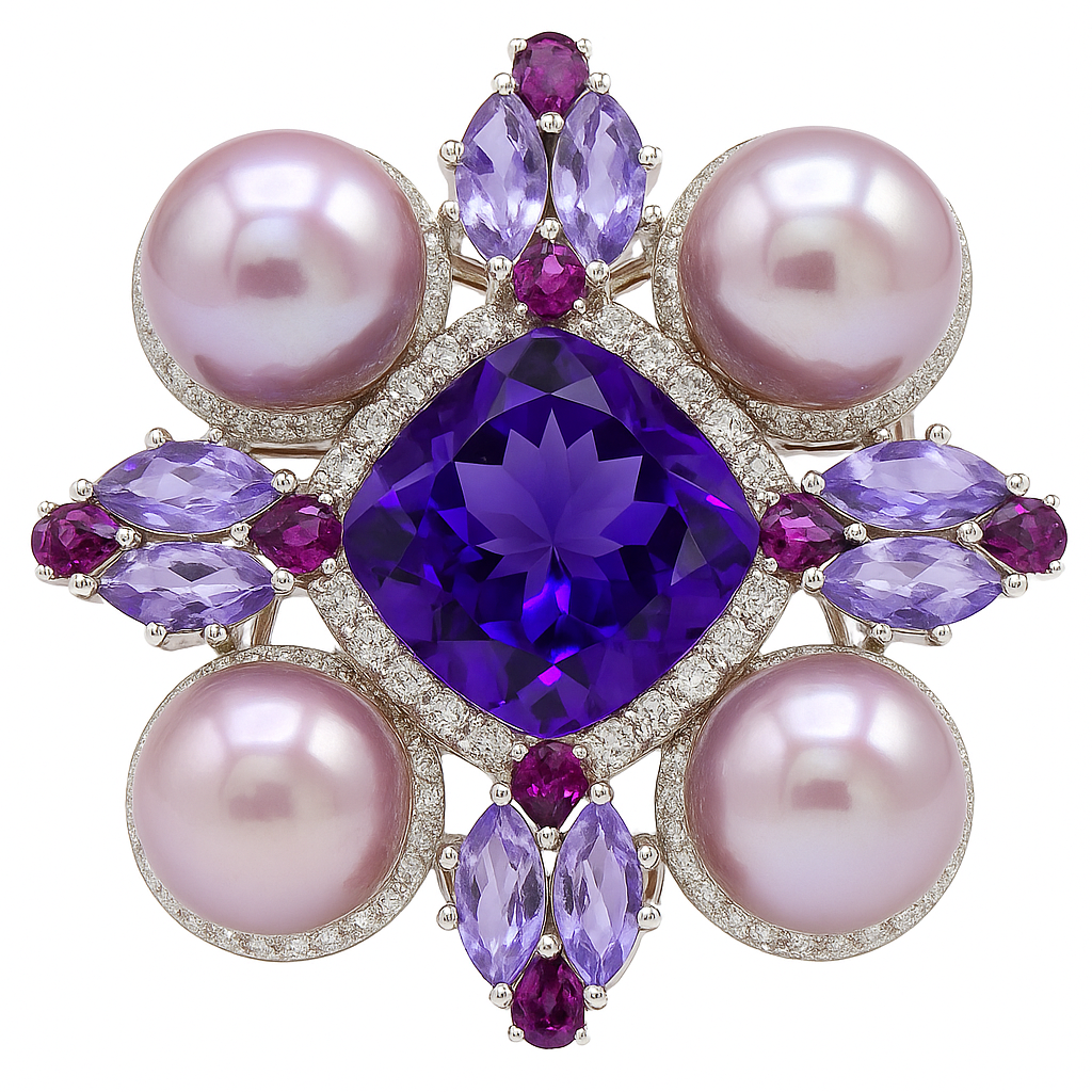 18K White Gold Diamond Amethyst Pearl Brooch, 11-12mm, 1.45ct
