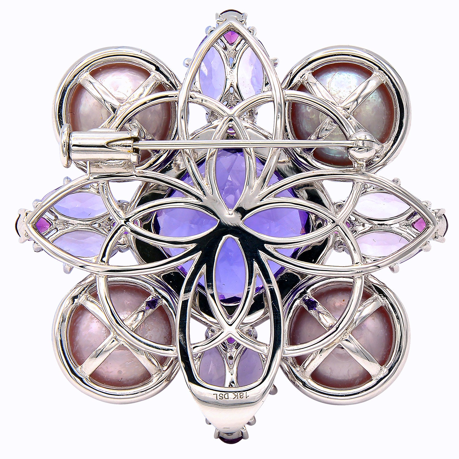 18K White Gold Diamond Amethyst Pearl Brooch, 11-12mm, 1.45ct