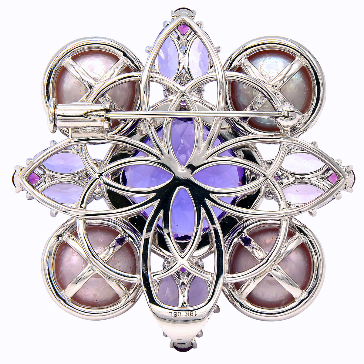 18K White Gold Diamond Amethyst Pearl Brooch, 11-12mm, 1.45ct