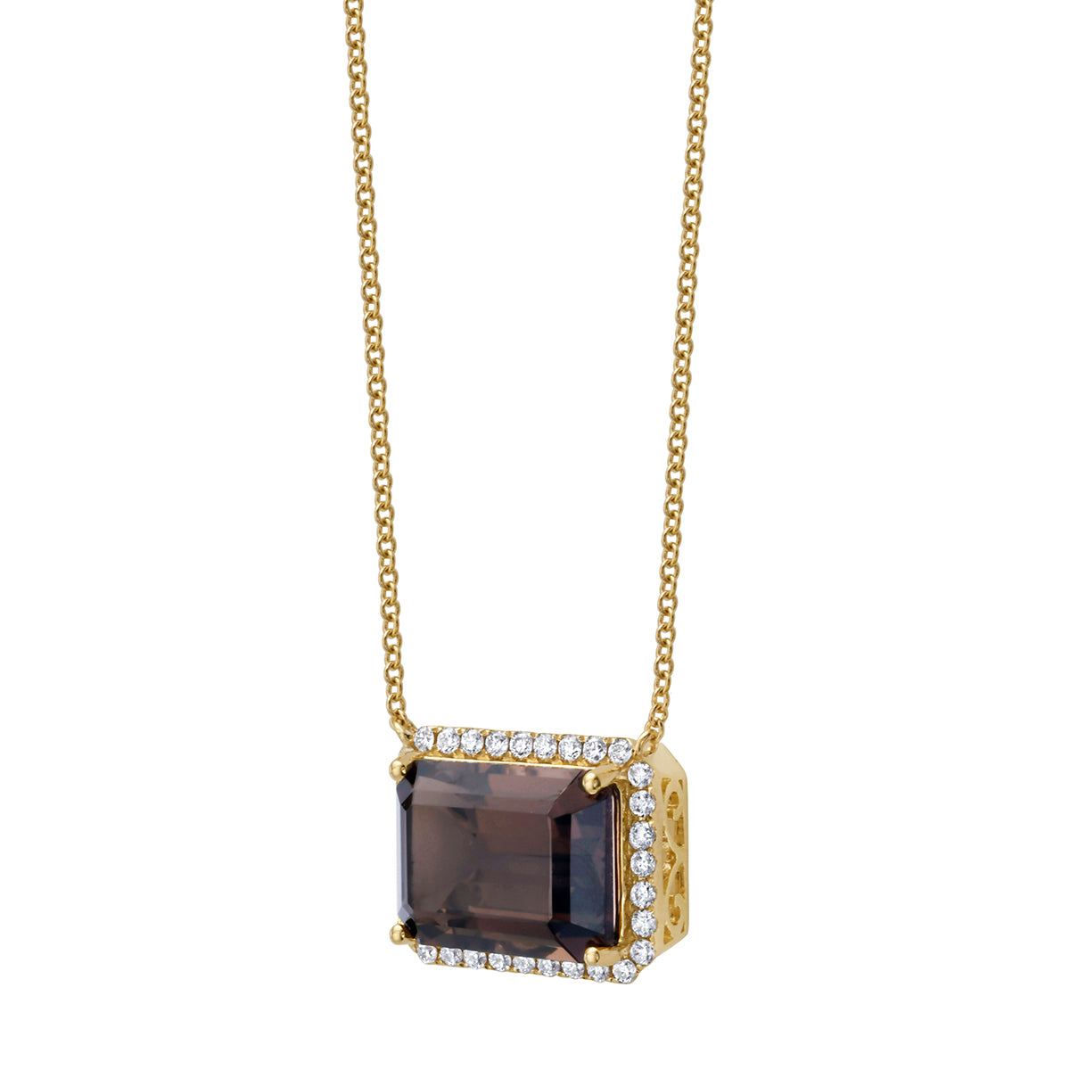 P090016Y-SQ - Necklace 14KY/2.1G 1SQ-6.79CT 32RD-0.38CT Smokey Quartz