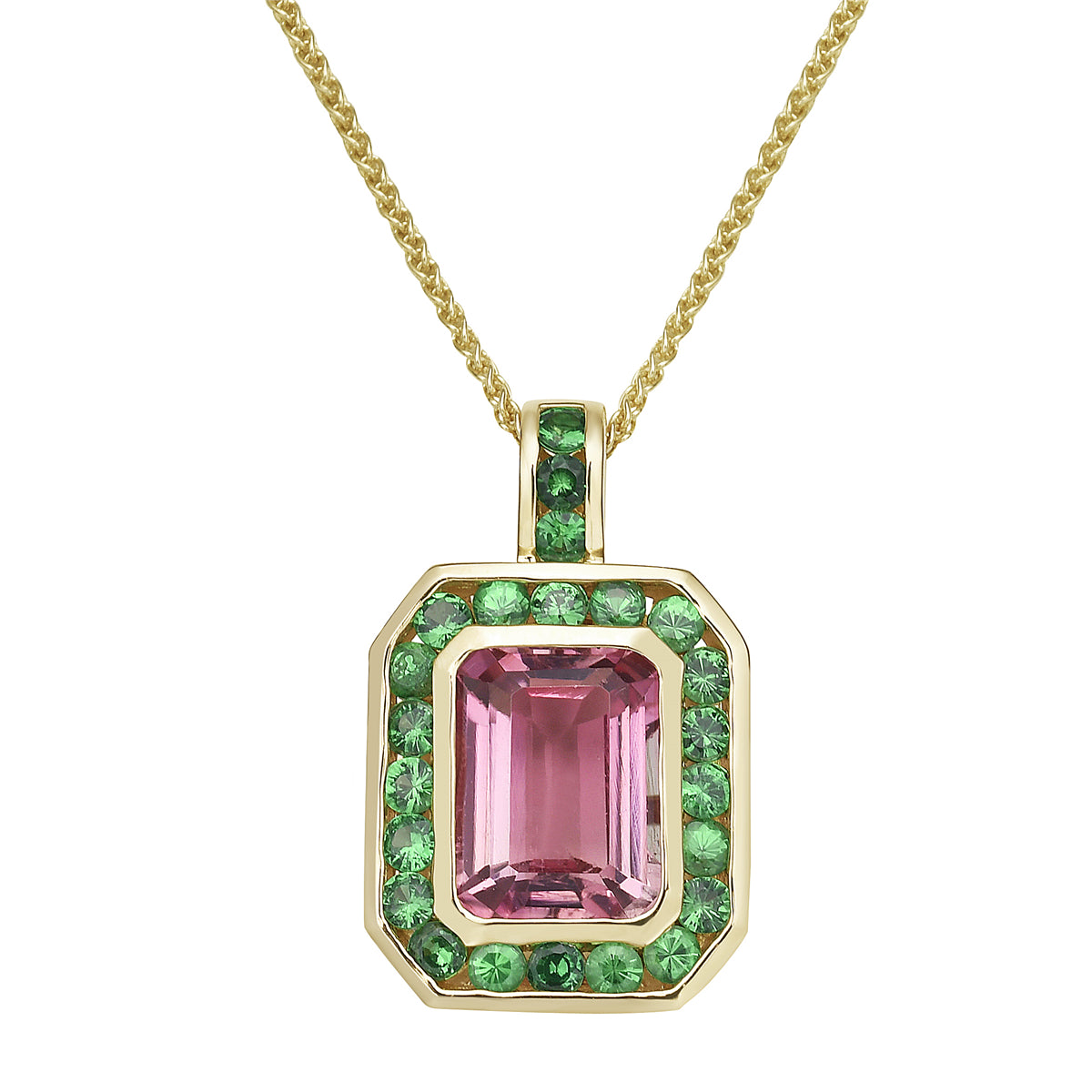 14K Yellow Gold Pink Tourmaline & Green Tsavorite Pendant, 2.27ct
