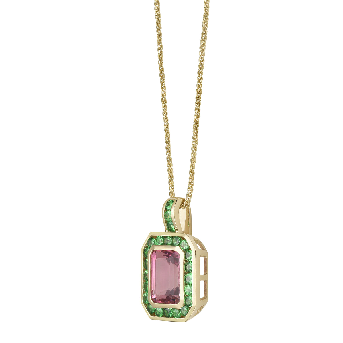14K Yellow Gold Pink Tourmaline & Green Tsavorite Pendant, 2.27ct