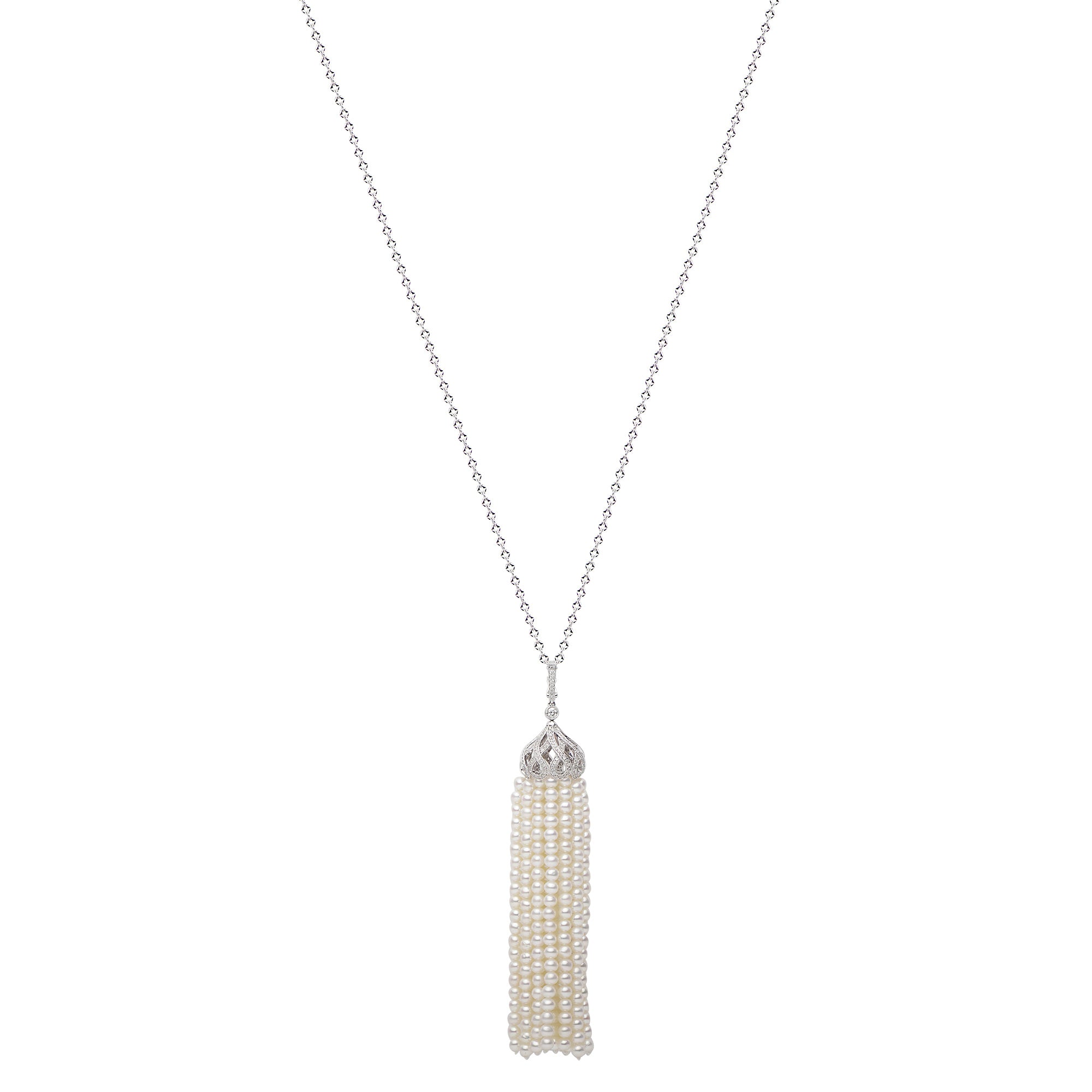 18K White Gold Freshwater Pearl Tassel Pendant, 0.72ct
